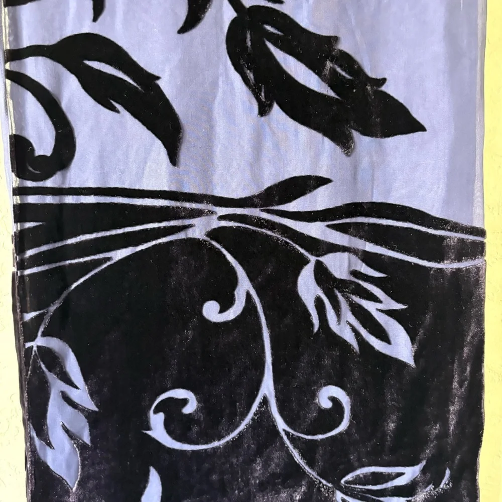 Silk Blend Burnout Velvet Scarf Navy Blue Floral 14x74 Elegant Lightweight